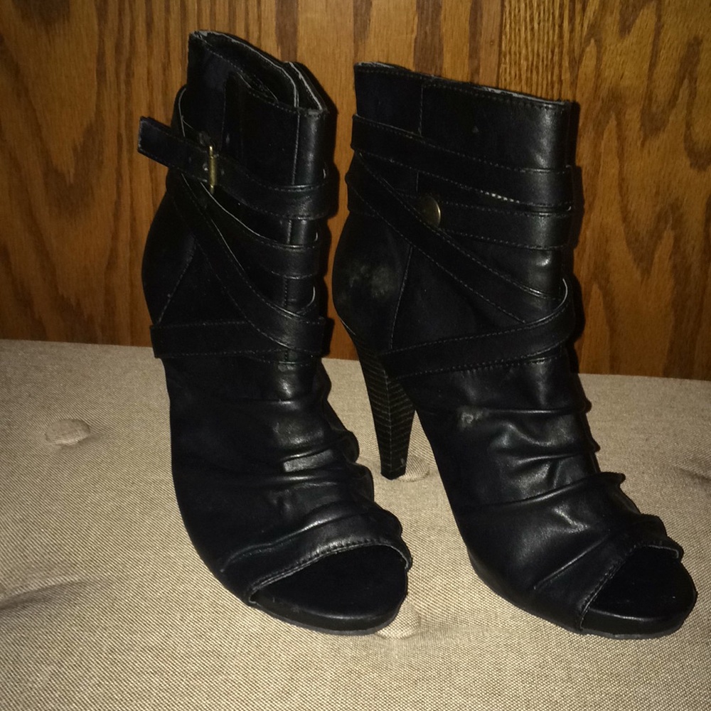 Black Leather Peep Toe Ankle Boots